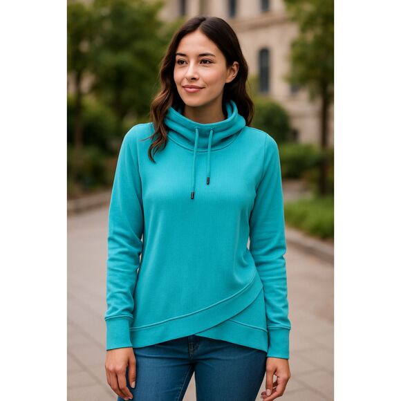 Nwt CALVIN KLEIN Teal Turquoise Funnel Neck Crisscross Front Sweatshirt Small S - Picture 1 of 12